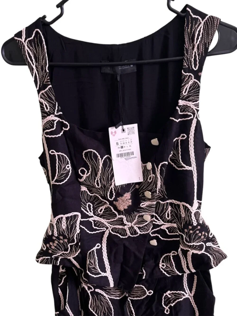 Zara Floral Embroidered Jumpsuit Black Ecru Wide Leg Linen Blend Small Summer